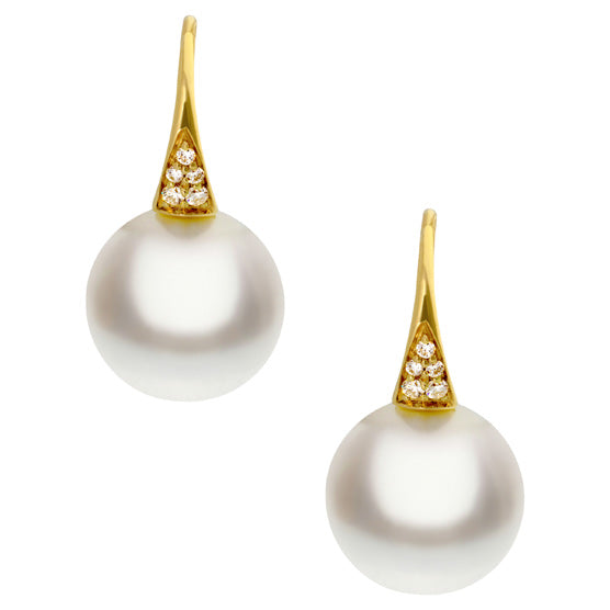 AUTORE 18ct Yellow Gold Diamond & Pearl Shepherd Hook Earrings
