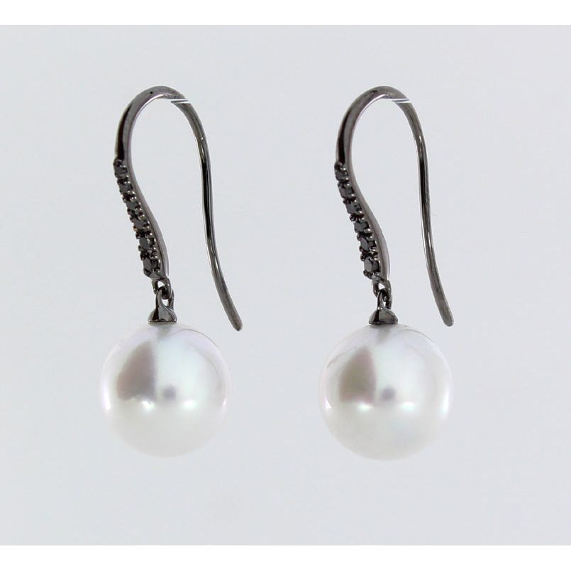 AUTORE 18ct White Gold Black Diamond & Pearl Shepherd Hook Earrings